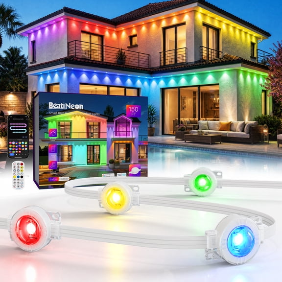 Beatineon 150ft Permanent Outdoor Lights Pro, RGB IC Eaves String Lights with 90 LEDS, IP68 Waterproof 16 Million Colors,App/Remote Control,Compatible with Google/Alexa,for Outdoor,Roof,Eave,Patio