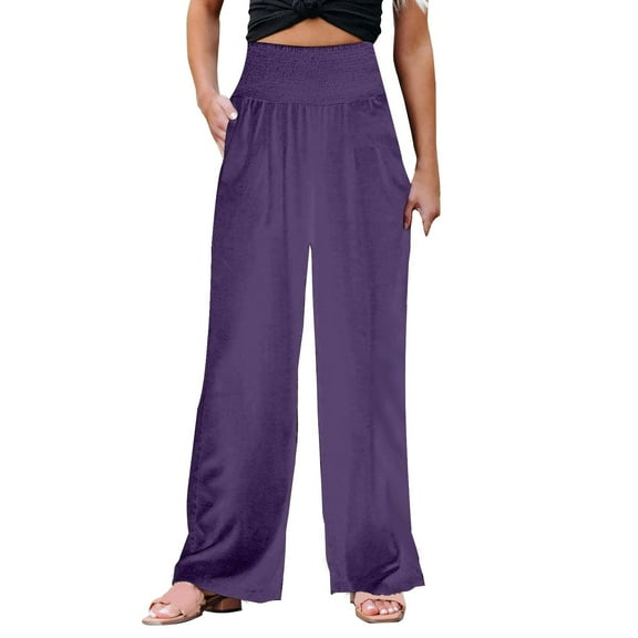 Women's Solid Loose Relaxed High Waist Cotton Pocket Wide Leg Pants