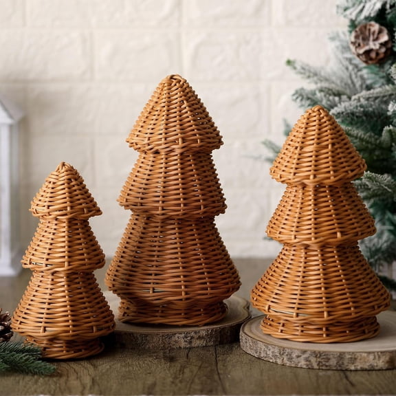 3 Pcs Morden Christmas Decor Gift Rattan Wicker Christmas Cone Tree Neutral Xmas Tabletop Centerpiece for Mantel Fireplace Home Tiered Tray Holiday Party Decor, 3 Sizes(Burlywood)