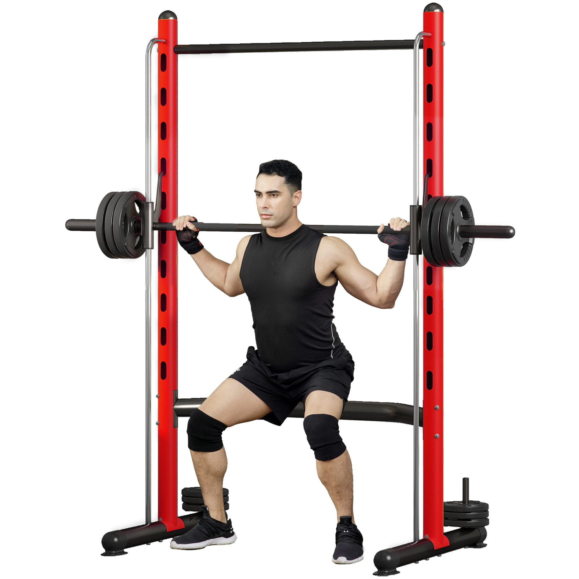 Soozier Adjustable Squat Rack with Pull Up Bar and Barbell Bar, Multi-Function Bench Press Weight Lifting Equipment, Red