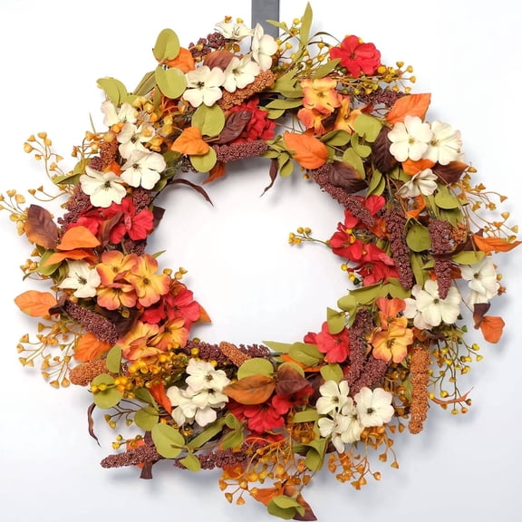 Idyllic 20" Fall Floral Wreath for Front Door, Cream Orange Red with Berries