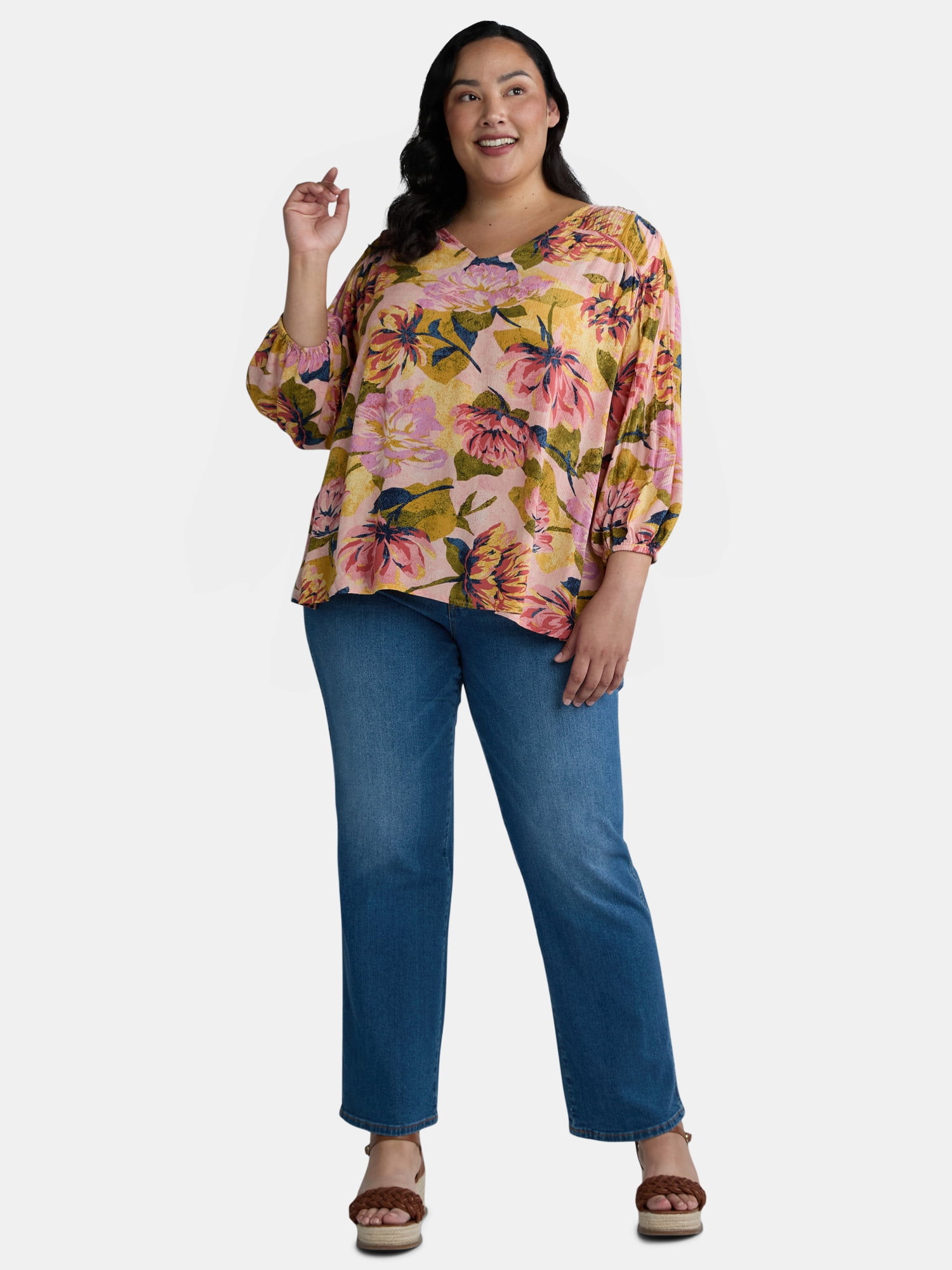Terra & Sky Women's Plus Size Poet Sleeve Blouse, Sizes 0X-5X