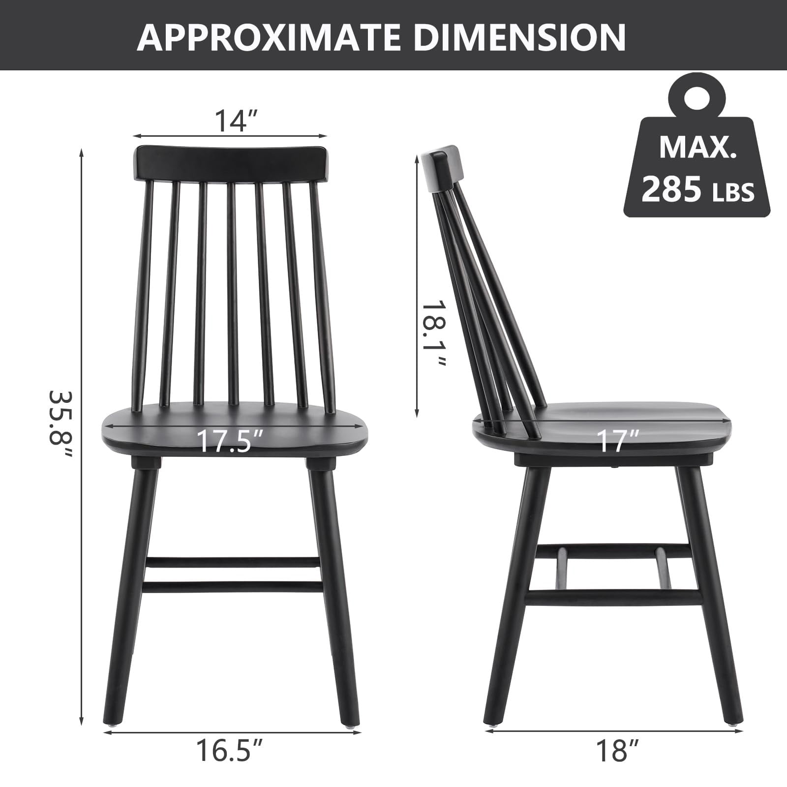 Black Farmhouse Dining Chairs Set of 6, Mid Century Modern Spindle Back Wooden Dining Room Chairs for Kitchen & Living Room