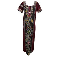 Mogul Women's Bohemian Printed Maxi Caftan Short Sleeves Round Neck Cotton Evening House Dress L