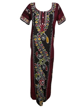 Mogul Women's Bohemian Printed Maxi Caftan Short Sleeves Round Neck Cotton Evening House Dress L