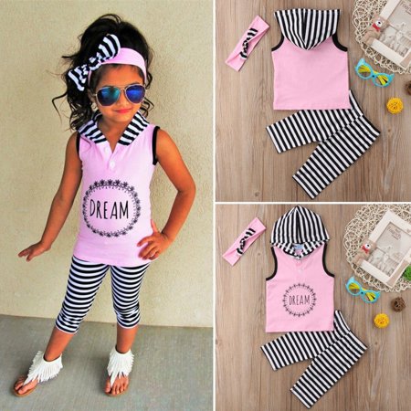 Toddler Kids Girls Summer Outfits Clothes Sleeveless Hoodies Tops+Pants Headband 3PCS Set 1-6Y