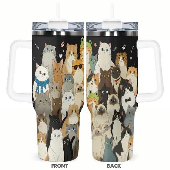 40oz Cute Cat Collage Insulated Car Tumbler with Handle and Straw Lid Travel Coffee Cup Gift for Cat Lovers