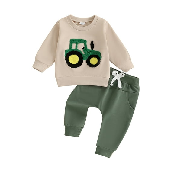 Toddler Baby Boy Fall Outfits 3 6 12 18 24 Months 2T 3T Tractor Embroidery Long Sleeve Round Neck Sweatshirt with Solid Pants Clothing Set