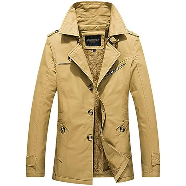Men's Winter Plus Velvet Mid-Length Slim with Epaulettes Trench Coat