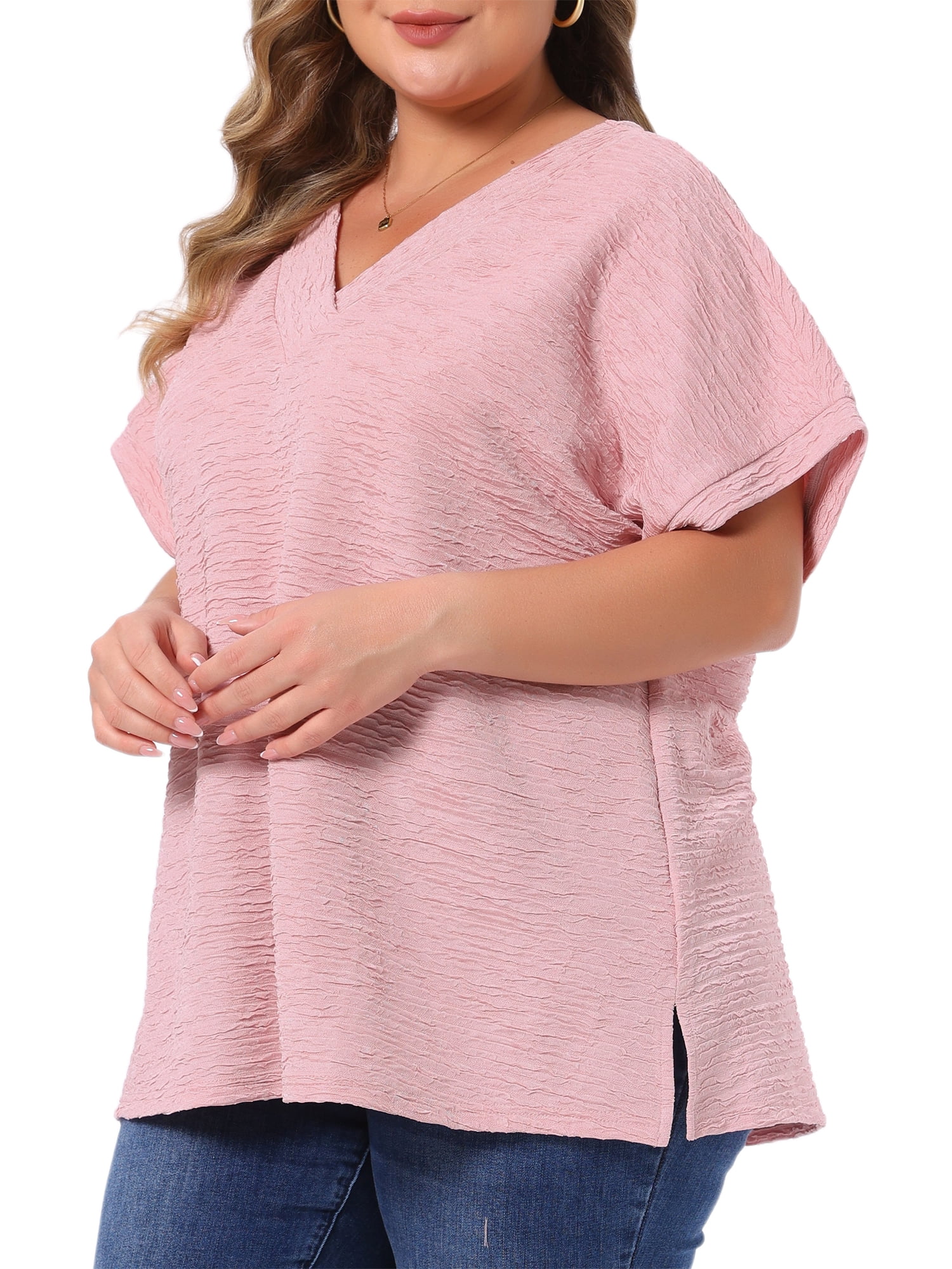 DARING DIVA Women's Plus V Neck Short Sleeve Textured Tops 2X Pink
