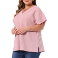 thumbnail image 2 of DARING DIVA Women's Plus V Neck Short Sleeve Textured Tops 1X Pink, 2 of 5
