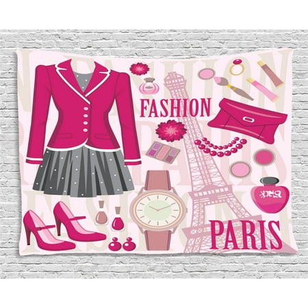Paris Themed Bedroom For Teenagers Girly Decor Tapestry, Fashion Theme in Paris with Outfits Dress Watch Purse Perfume Parisienne Decor, Wall Hanging for Bedroom Living Room Dorm Decor, 60W X 40L Inches, Pink Biege, by Ambesonne ()