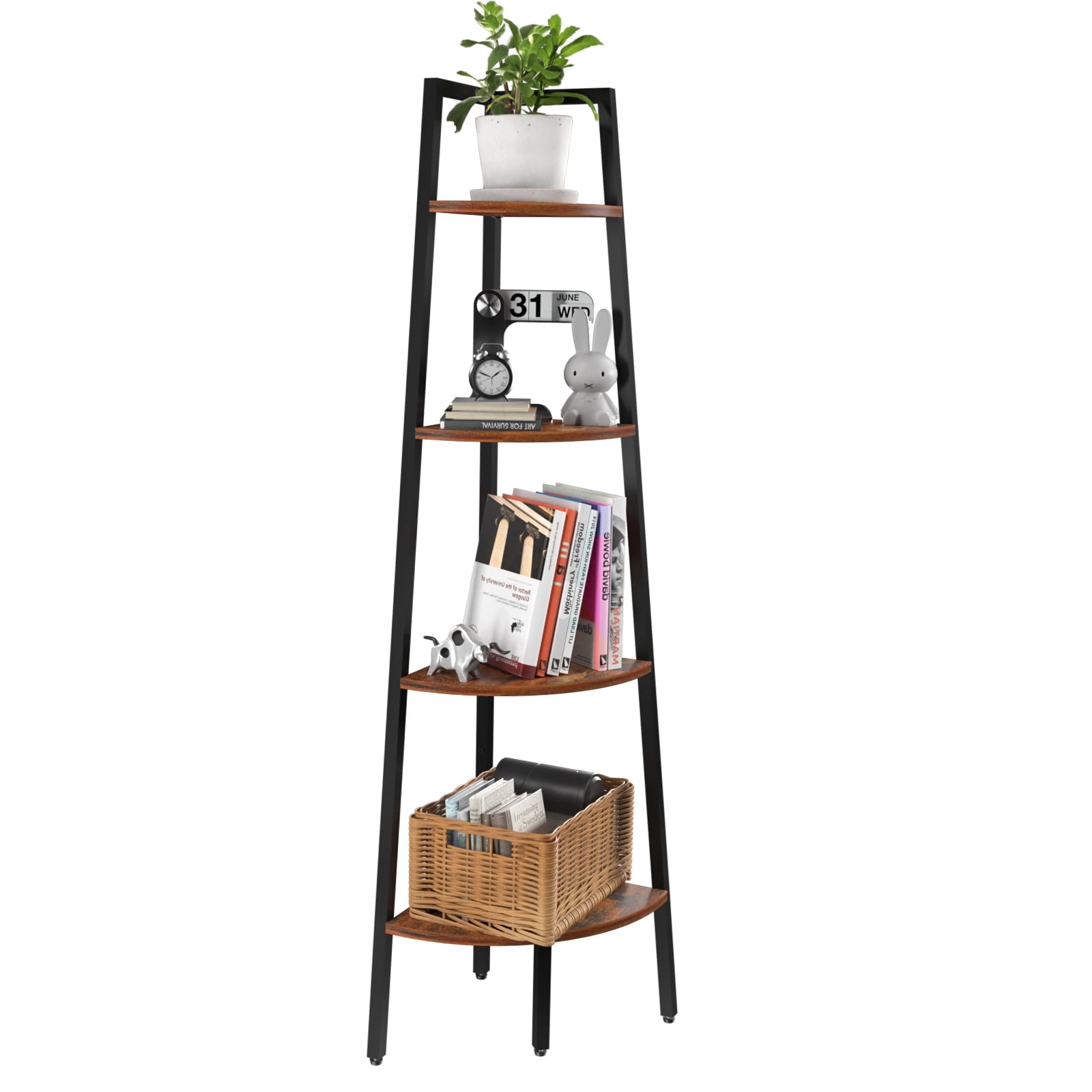 Yoobure 4-Tier Corner Bookshelf with Metal Frame,Ladder Display Shelf for Bedroom and Living Room, Tall Wood Corner Bookcase and Plant Stand