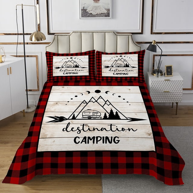 Erosebridal Happy Camping Coverlet Set Queen, Rustic Camper Bedding Set, Red Plaid decor, 3pcs