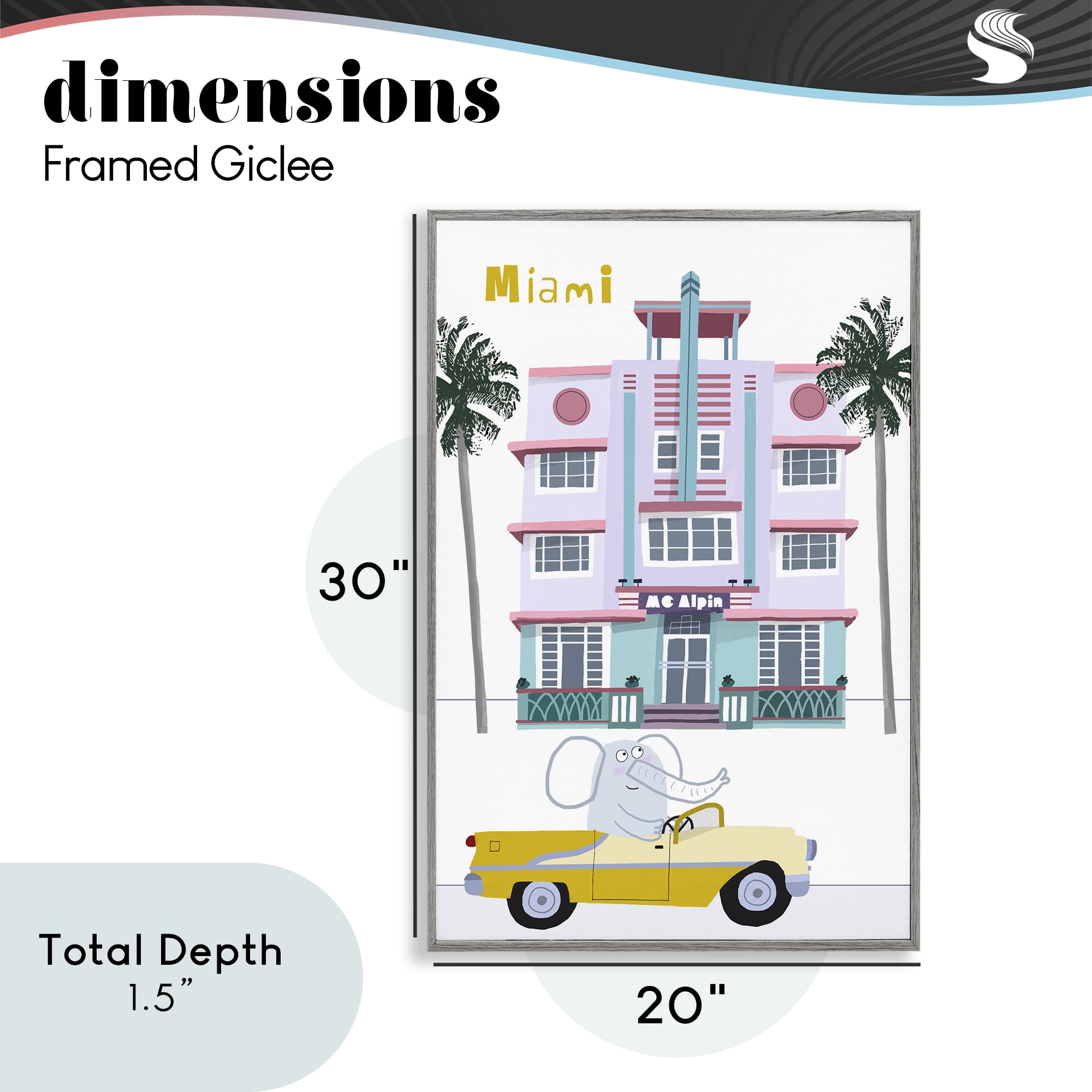 Elephant & Miami Hotel Gray Framed Giclee Art, design by Carla Daly
