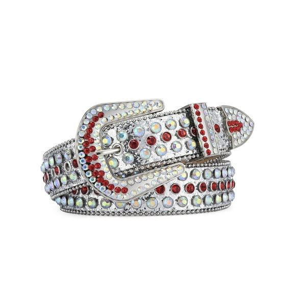 Zhuge Rhinestone Belt for Men Women, Western Cowboy Cowgirl Belts Bling Leather Belt With for Jeans (White Red)