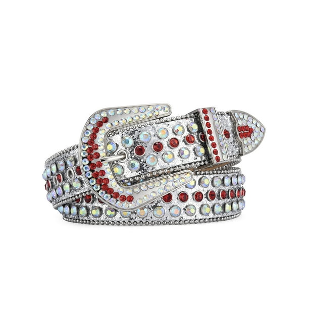 Zhuge Cinturón de diamantes de imitación para hombres y mujeres, cinturón de cuero con brillantes para vaqueros (blanco y rojo)