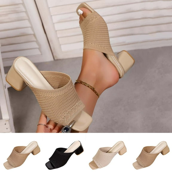 Miluxas Women's Knitted Mesh Chunky Heel Sandals,Comfortable Slip On Chunky Heel Sandals,Square Toe Open Toe Casual Wedge Dress Sandals Khaki 9.5(43)