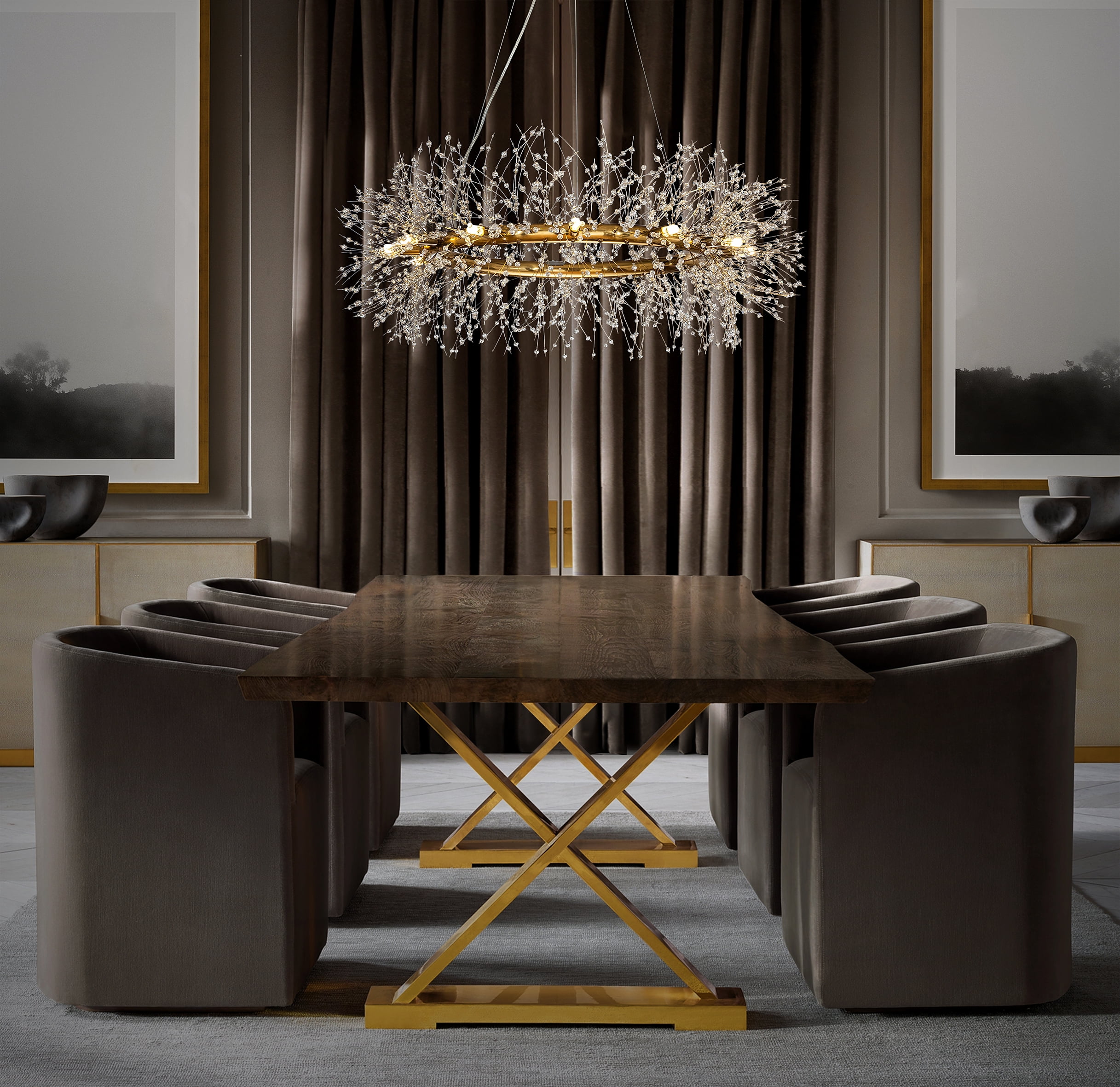 12-Lights Antique Brass Wagon Wheel Modern Crystal Firework Chandelier Glam Round Pendant Light Fixture for Dining Room or Living Room