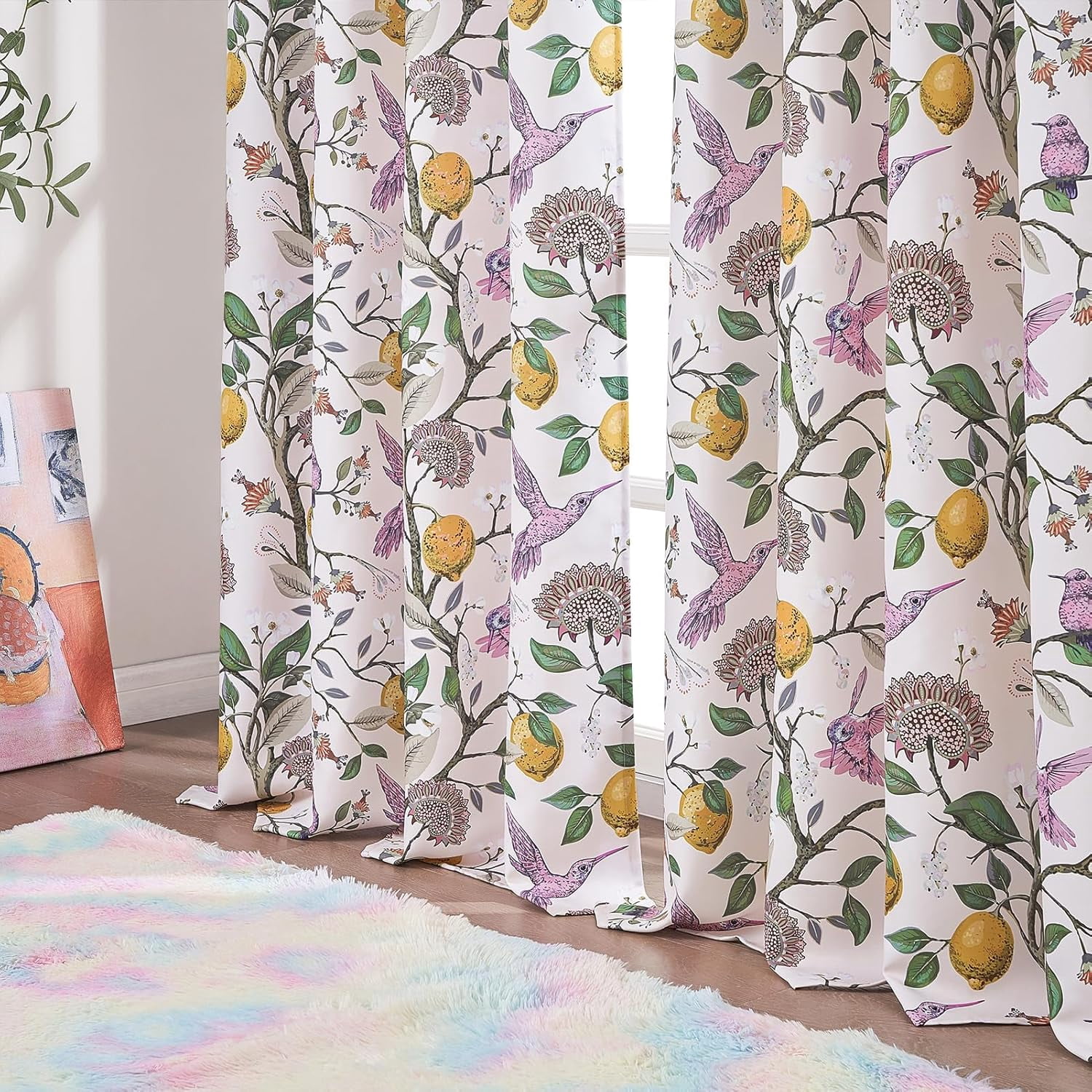 Topfinel Fancy Hummingbird Patterned Curtain,Pink Curtains for Living Room, Thermal Insulated Blackout Curtains for Bedroom, Floral Vintage Lemon Curtains 96 inch Length 2 Panels Set