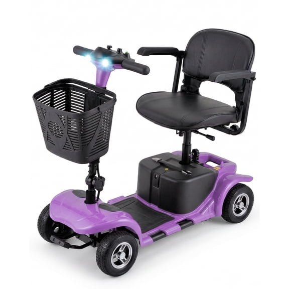 4 Wheels Mobility Scooter for Adults, Senior Electric Powered Chargeable Device for Travel, Lightweight and Portable, with LED Headlights and Basket, Charger Included (Purple)