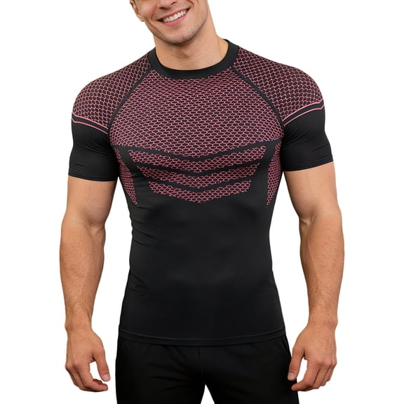 IWRICH Men's Compression Shirts Short Sleeve Workout Gym T-Shirt Running Tops Cool Dry Sports Base Layer Athletic Undershirts Red XL