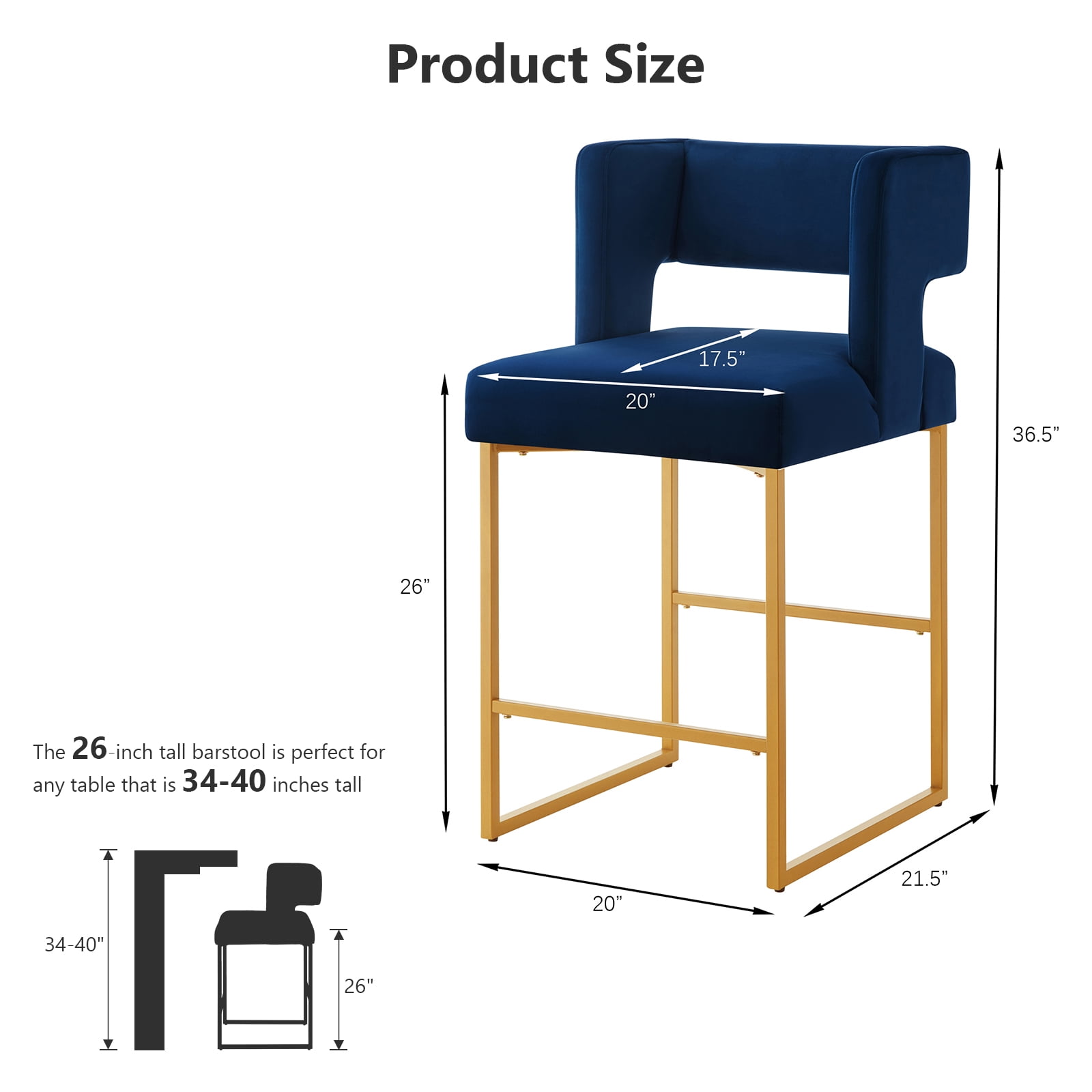 Lecut 26" H Counter Height Bar Stools Set of 2, Modern Velvet Bar Stools with Square Open Backrest and Gold Metal Frame, Kitchen Counter Stools for Island, Home Bar, Pub,Blue+Gold