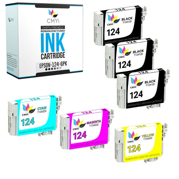 CMYi Combo Pack of 6 Inkjet Printer Ink Cartridges Compatible for Epson 124, 3 Black, 1 Cyan, 1 Magenta, 1 Yellow