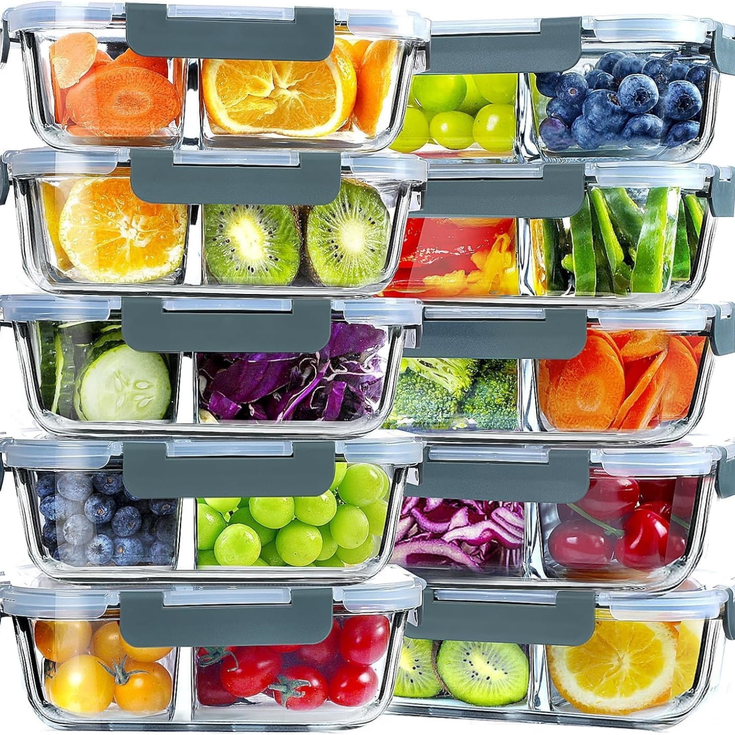 10 Pack Glass Meal Prep Containers 2 Compartment Set, 30 OZ Airtight Glass Lunch Containers, Glass Food Storage Containers with Lids, for Microwave, Oven, Freezer & Dishwasher Friendly，Grey