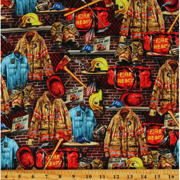 Cotton Firefighter Equipment Firefighters Fire Department First Responders Cotton Fabric Print by the Yard (DONA-CD2998-MULTI)