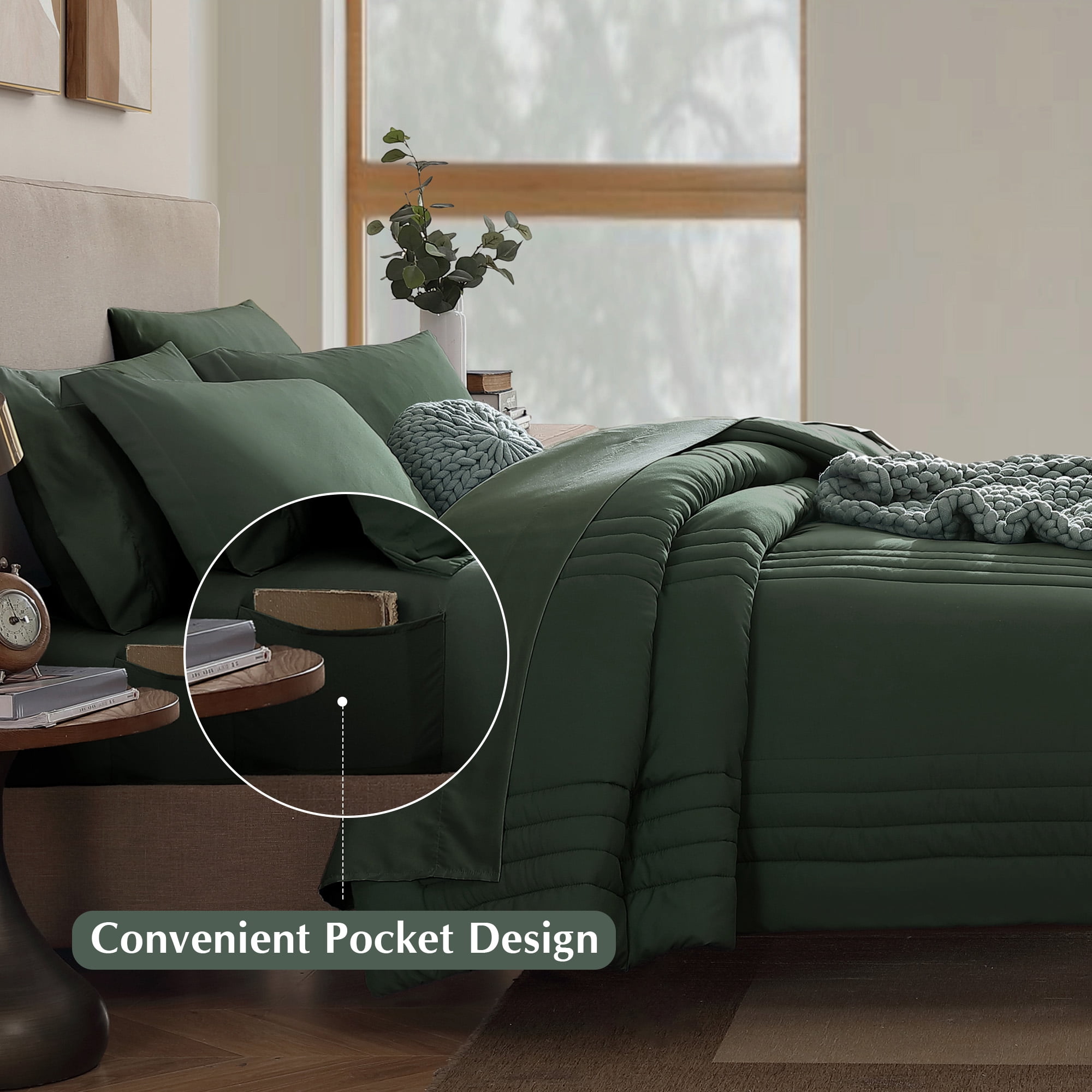 Amberspace 7-piece Bed in a Bag Comforter Set with Sheets,Dark Green,King