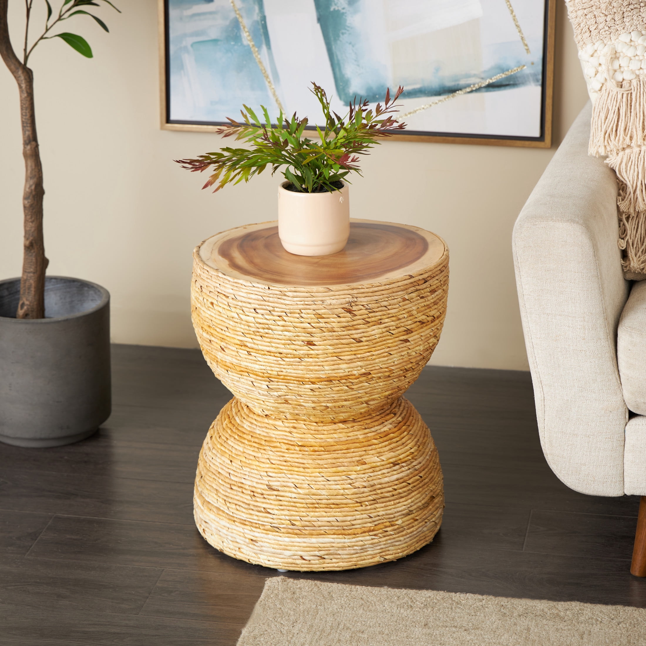 DecMode 16" x 19" Light Brown Banana Leaf Handmade Woven Accent Table with Wooden Tabletop, 1-Piece