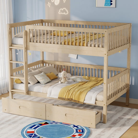 GARITIN Twin Over Twin Pine Wood Bunk Bed with 2 Drawers, Convertible into 2 Twin Beds, Bunk Bed with Ladder & Safety Guardrails, Natural