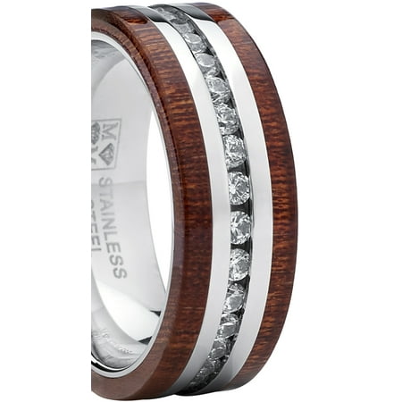 Stainless Steel Eternity Cubic Zirconia And Wood Inlay Wedding Ring Stainless Steel Eternity Cubic Zirconia And Wood Inlay Wedding Ring Band