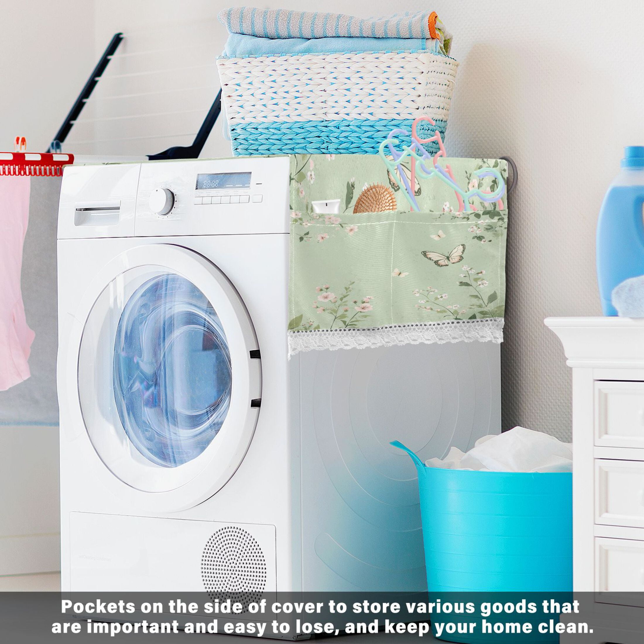 Butterfly Print with Pastel FlowersWasher and Dryer Covers Dust-Proof and Oil Resistant Fridge Cover with 4 Storage Pockets Washing Machine Top Cover for Laundry Kitchen Home 51.2 x 22 In