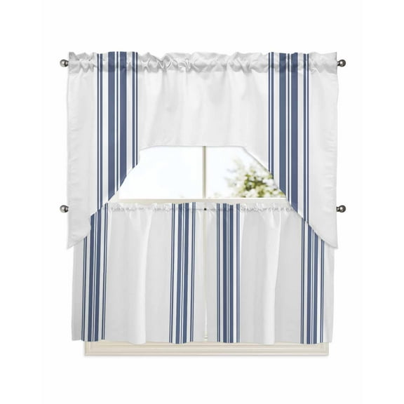 Abstract Geometric Blue Stripe, Kitchen Curtains Swag Valance and Tier Curtains Set 24 Inch Length, White Backdrop Rod Pocket Drape Panels Pair Swag Curtains for Bathroom/Cafe/Window