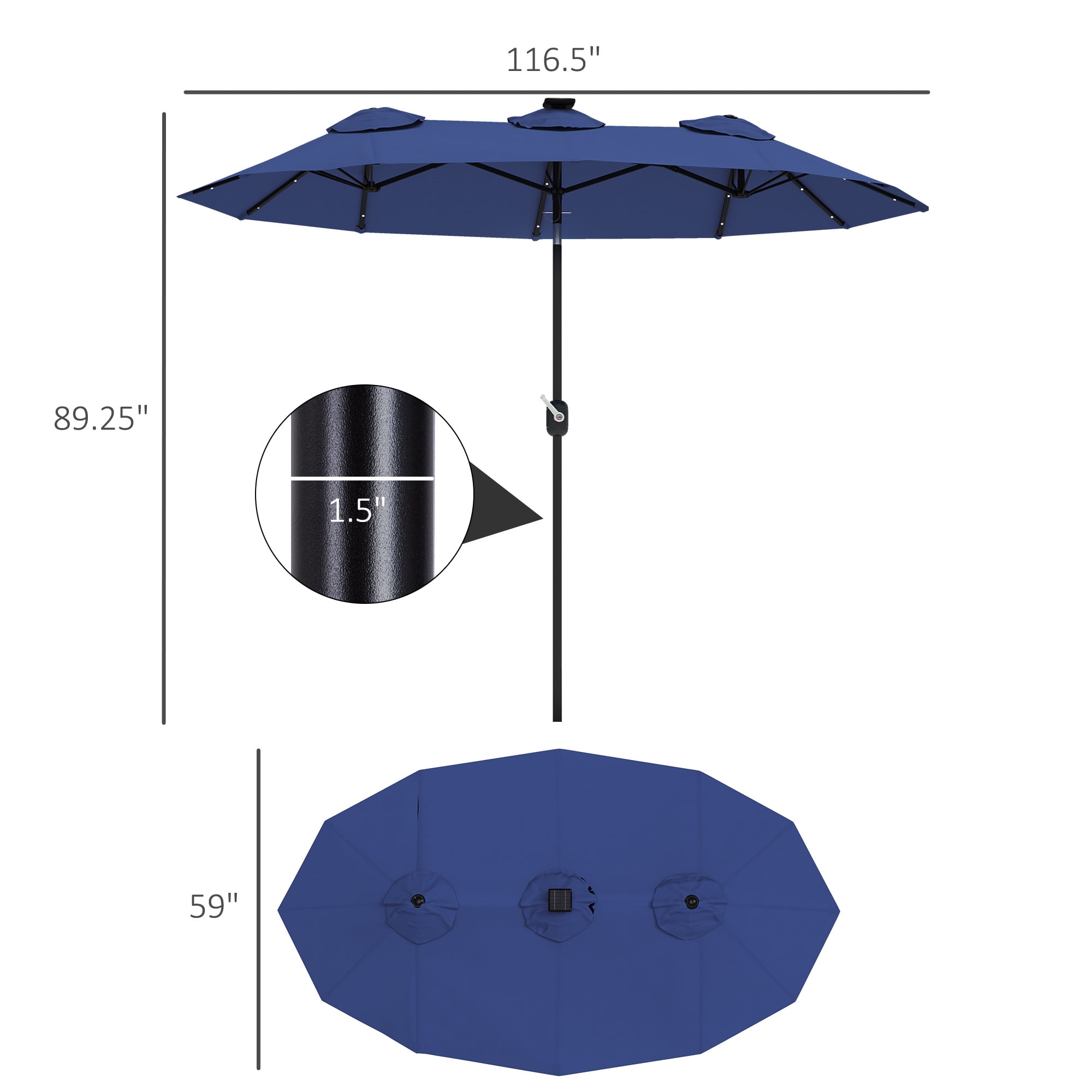 Outsunny 9.7' Double-sided Patio Umbrella with LED Solar Light, Tilt and Crank, Outdoor Umbrella, Navy Blue