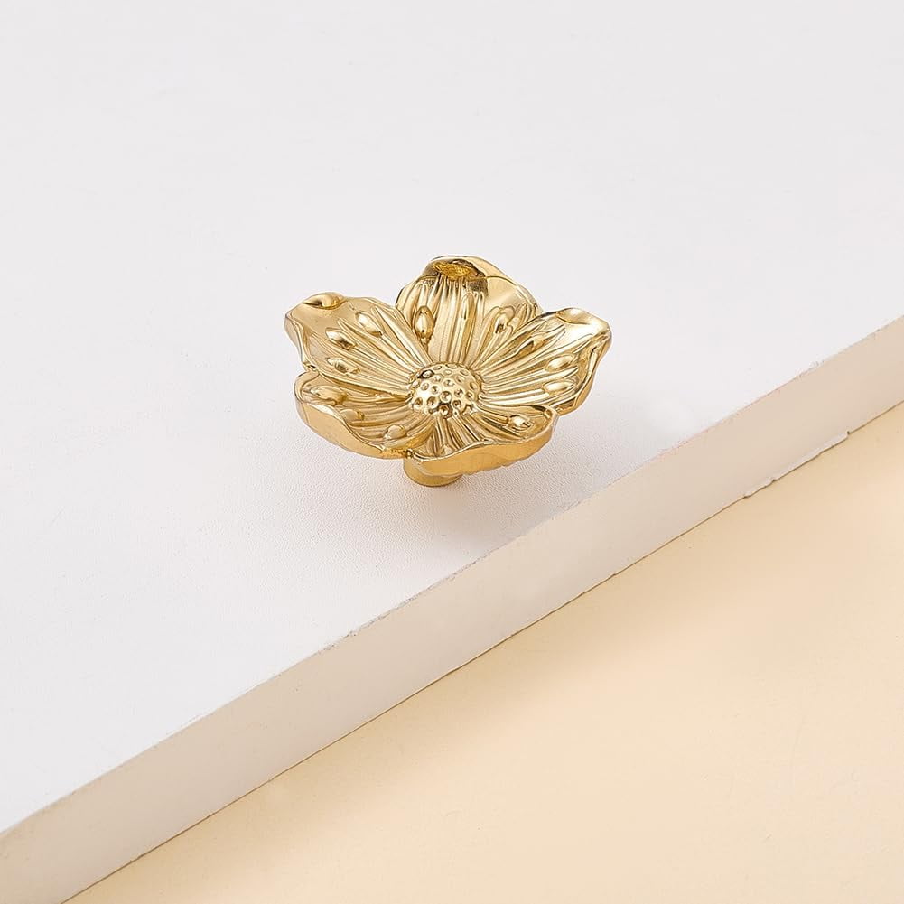 4pcs Flower Shape Brass Cabinet Knobs Gold Brushed Drawer Knobs Dressers Pulls Cabinet Hardware Handles Creative Petal Kitchen Knobs for Drawer Bathroom Closet Wardrobe Dresser Cabinet Brown