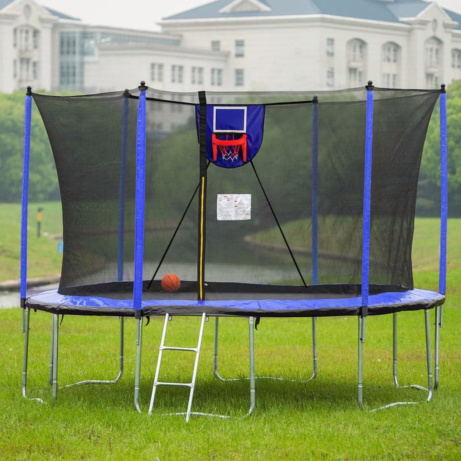 15FT Trampoline with Basketball Hoop, Ladder & Inflator, Outdoor Backyard Trampoline with Safety Enclosure Net, Rust-Resistant Galvanized Frame for Kids & Adults, Blue