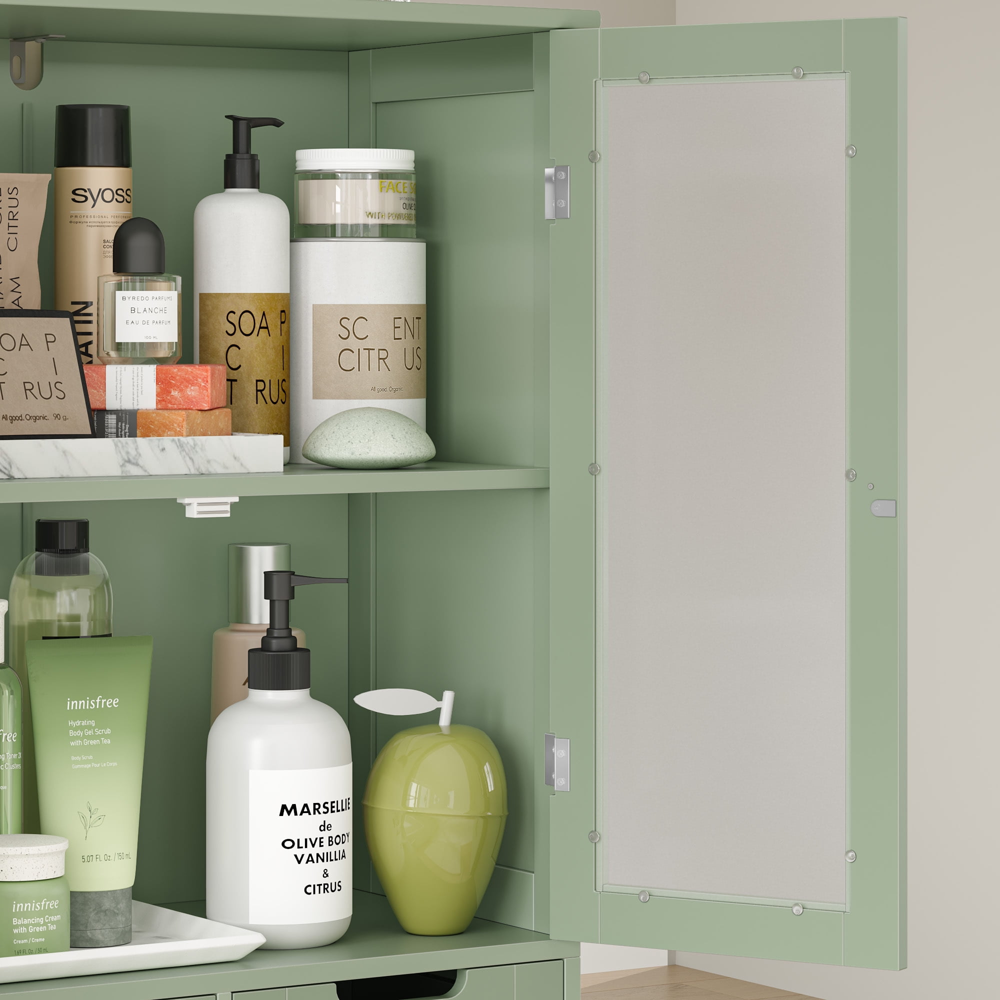 Homfa Bathroom Cabinet, 3-Tier Wood Tall Linen Storage Cabinet with 2 Drawers and 4 Doors for Living Room Office, Green