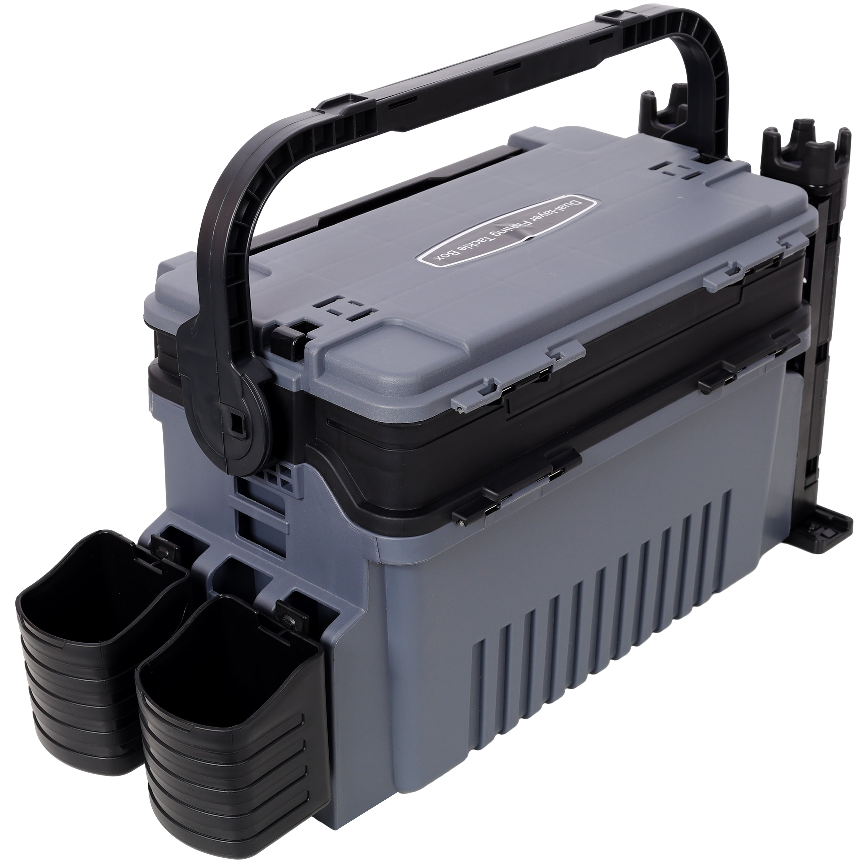 Dual-Layer Fishing Tackle Box Organizer with Rod Holders, 11L Large Capacity Waterproof Tackle Storage with Cup Holders & Carry Strap,Grey