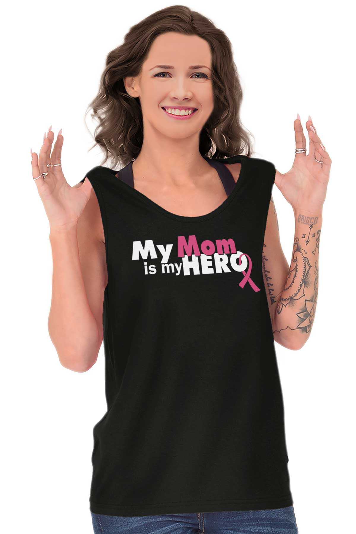 Brisco Brands Breast Cancer Awareness Tank Tops T Shirts Tees For Womens My Mom Is My Hero