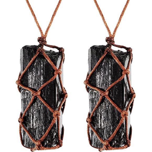 2 Pieces Natural Black Tourmaline Crystal Necklace Hand Braided Chakra Gemstone Pendant Necklace for Men Women