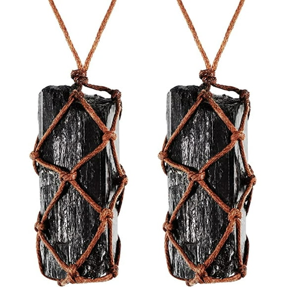 nipocaio 2 Pieces Natural Black Tourmaline Crystal Necklace Hand Braided Chakra Gemstone Pendant Necklace for Men Women
