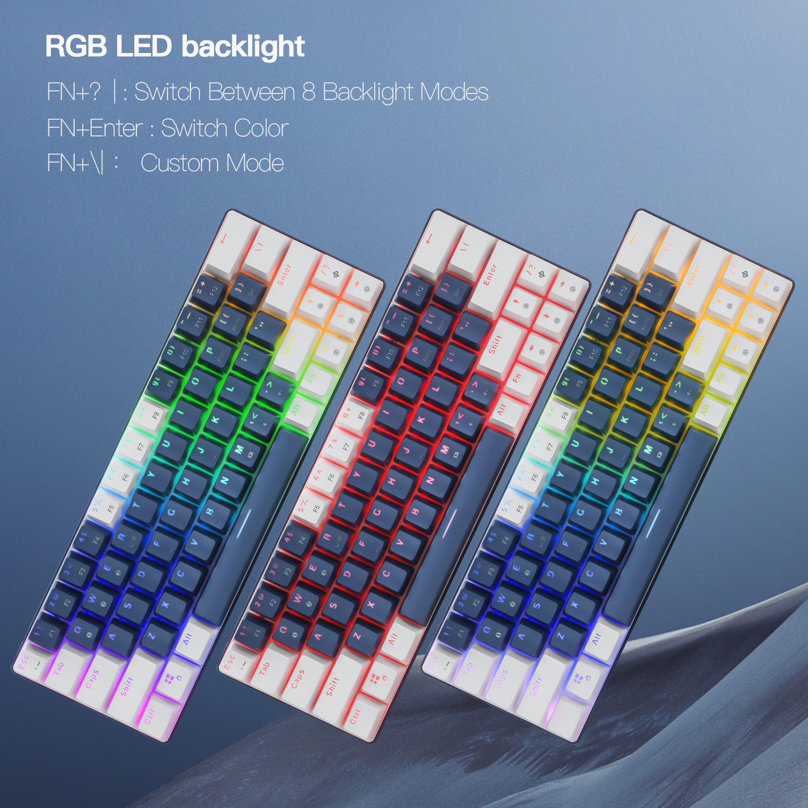 CQ63 Wireless Bluetooth 5.0 Mechanical Keyboard, Blue Switches, RGB Backlit, Compact 63 Keys, USB Type-C Wired, for Laptop, Mac, Smartphone, Tablet