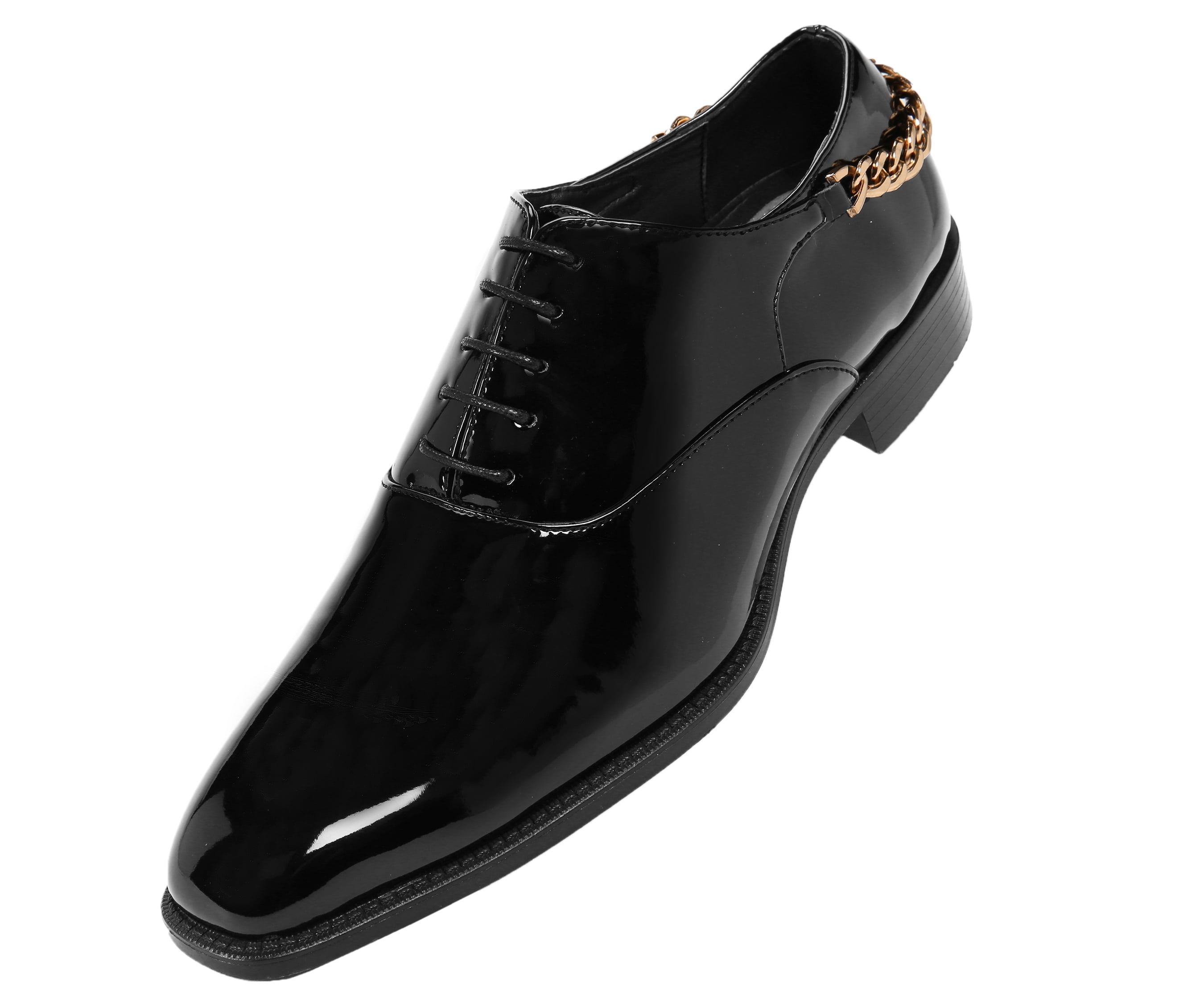Bolano Mens Smooth Shiny Patent Plain Toe Oxford Dress Shoe with Gold Heel Chain Available in
