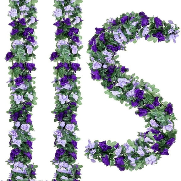 Topboutique 5 Pcs Fake Rose Vine Flowers Plants,Artificial Flower Garland Hanging Rose Ivy,Fake Rose Hanging Flowers for Wedding Birthday Party Arch Garden Floral Garlands Decor,Purple,40ft(total)