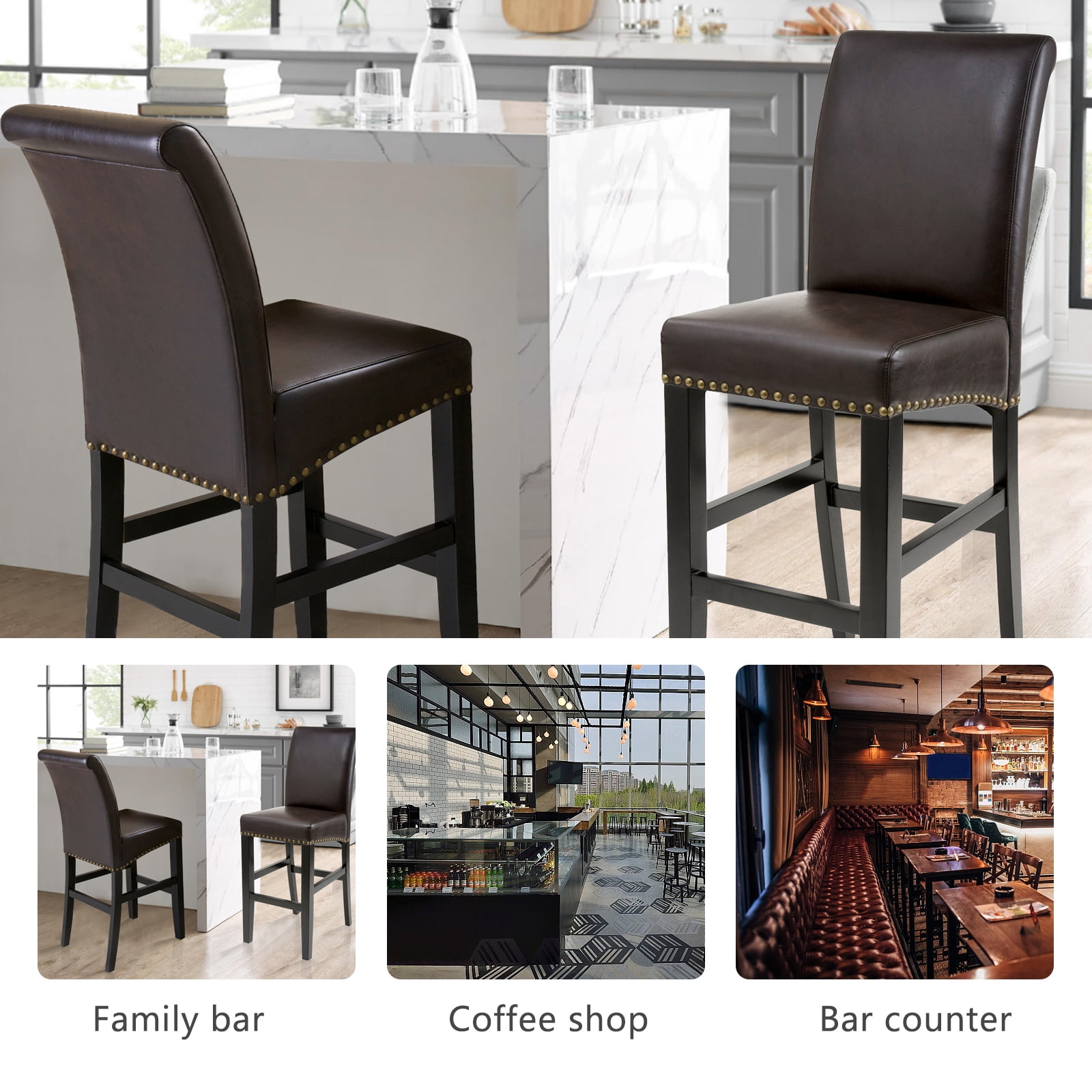 Kadyn Bar Counter Chairs Set of 2, Counter Height Bar Stools for Dining Room, Coffee Shop, Upholstered Kitchen Chair with Wood Legs, Brown