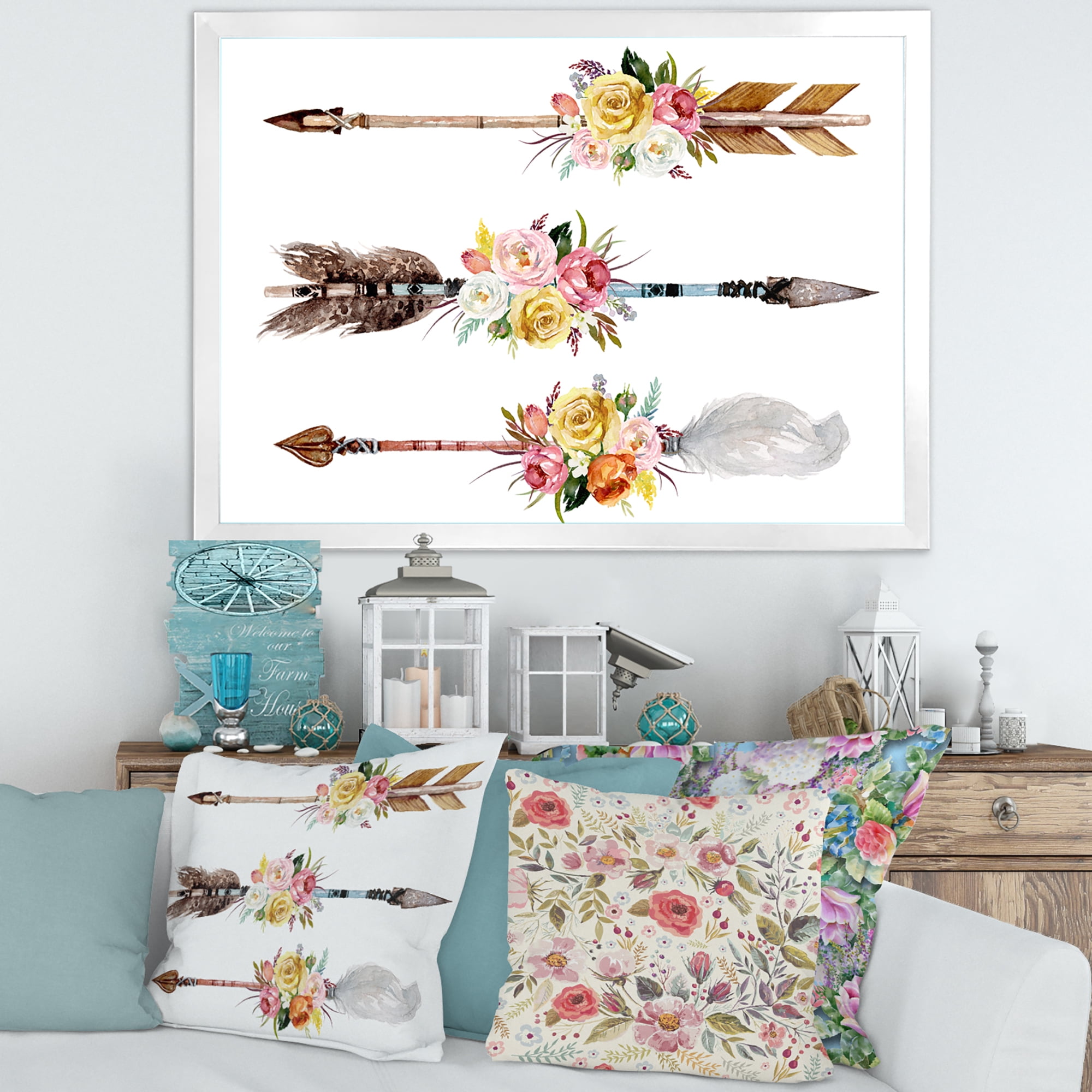Designart 'Flowers and Ethnic Feathers On Native Arrows II' Bohemian & Eclectic Framed Art Print