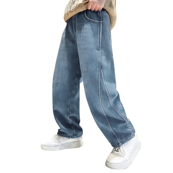 WMQPNNS Boys Cargo Baggy Denim Pants Boys Jeans Size 16 Elastic Waist Wide Loose Retro Jeans Casual Y2K Jeans Streetwear with Pockets(Size 12-13 Years, Sky Blue-1)